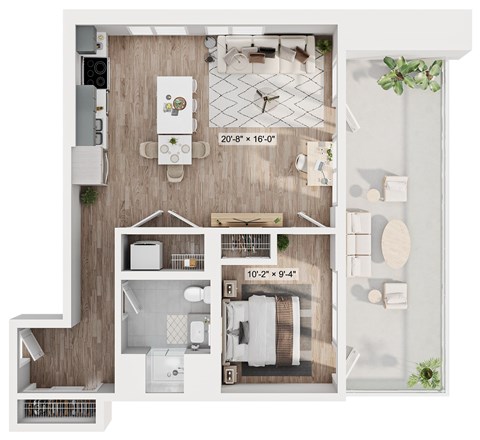 Floor plan for 1 bed, 1 bath, 689 sqft